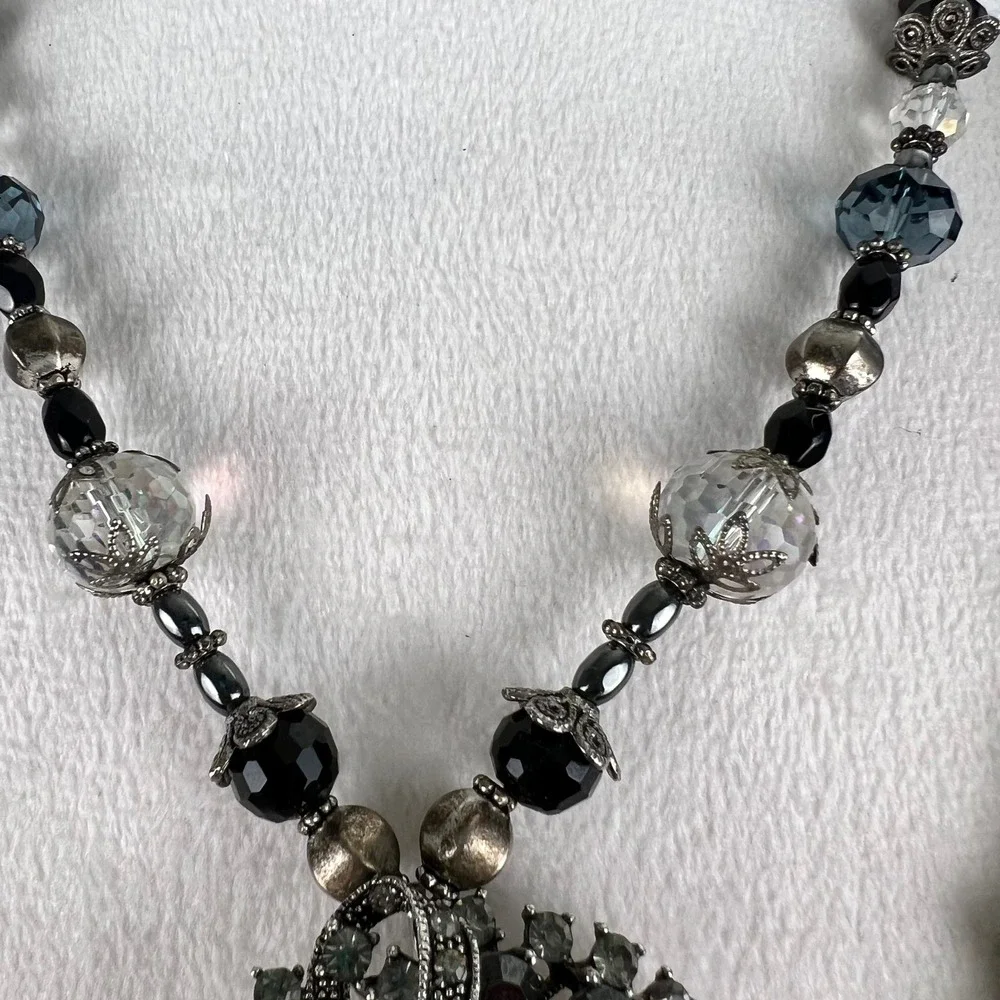 Victorian Gothic Jeweled Heart Pendant Necklace Black Rhinestone Beaded Witchy